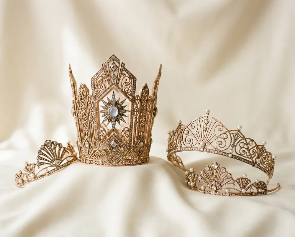 Three gold-tone crowns of different heights, grouped on ivory