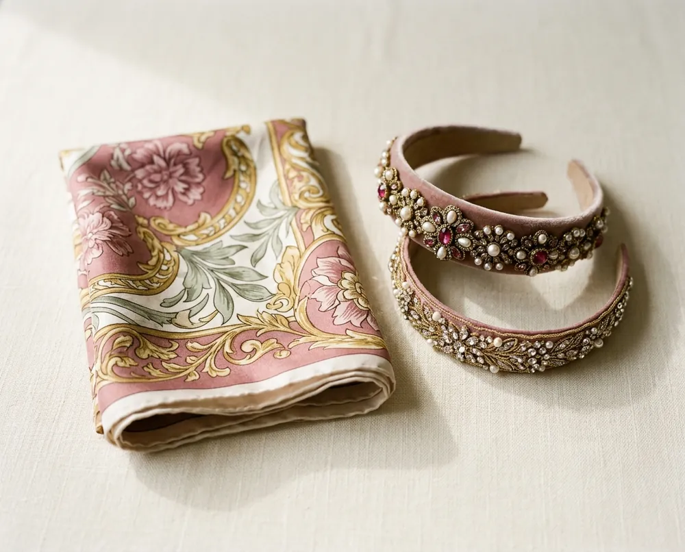 A folded printed silk scarf beside two jewelled headbands