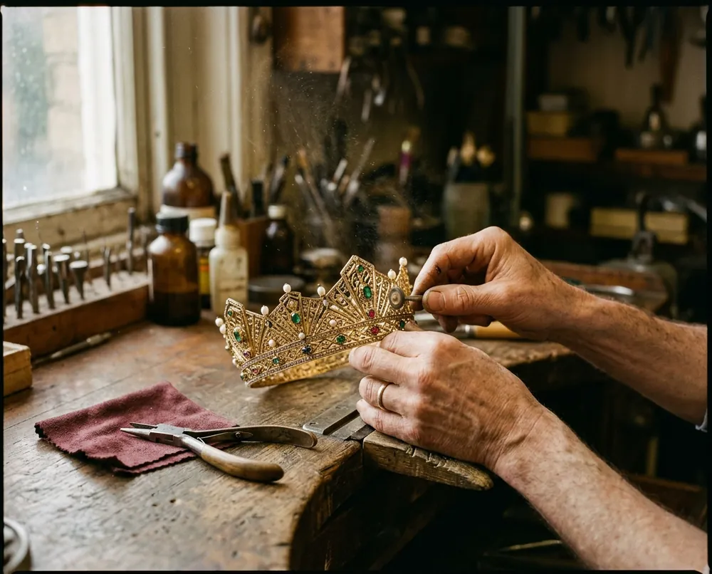 Hands finishing a gold-tone crown at a wooden workbench