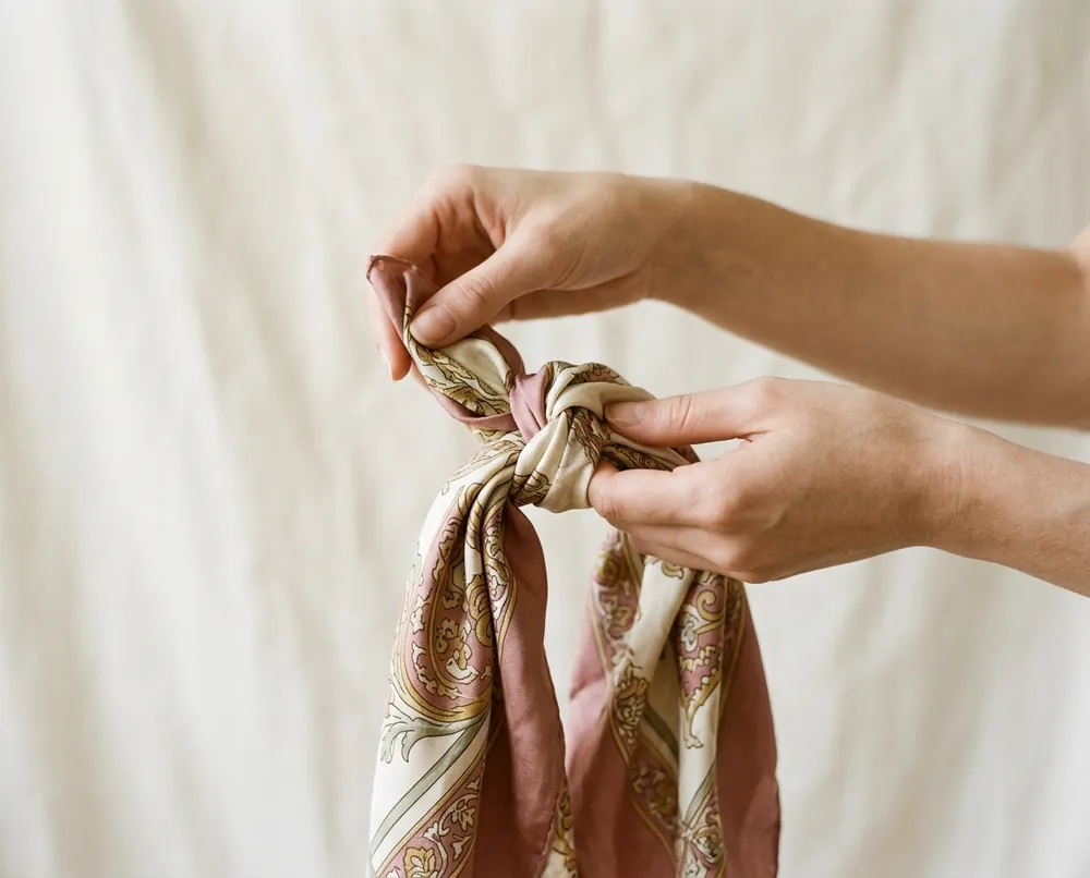 Hands tying a printed silk scarf into a soft knot