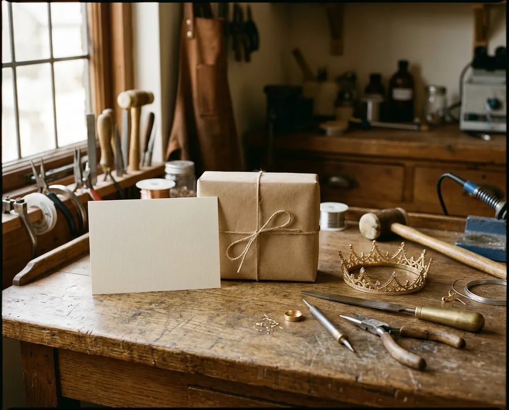 A blank order card and a kraft parcel beside a half-finished crown
