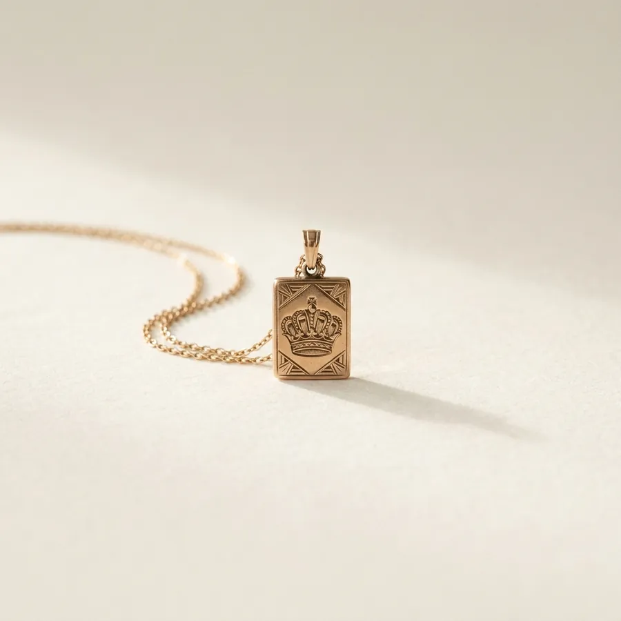 A gold-tone pendant engraved with a crown motif, its fine chain coiled beside it