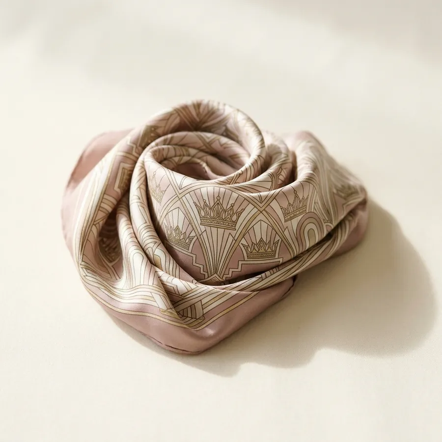 A printed silk scarf in dusty rose and gold, folded into soft folds